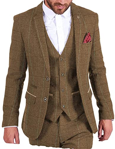 Tiavllya Tweed Herren 3-teilige Wolle Anzüge Vintage Plaid Hochzeit Anzug Classic Fit Blazer Weste Hosen Set （44, Braun） von Tiavllya