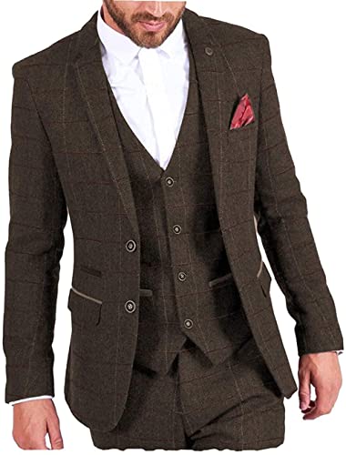 Tiavllya Tweed Herren 3-teilige Wolle Anzüge Vintage Plaid Hochzeit Anzug Classic Fit Blazer Weste Hosen Set （50, Kaffee） von Tiavllya