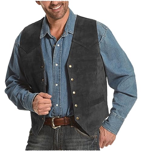 Tiavllya Vintage Herren Wildleder Anzug Weste Single Breasted Ärmellose Jacke Casual Cowboy Western Weste（L, Schwarz） von Tiavllya