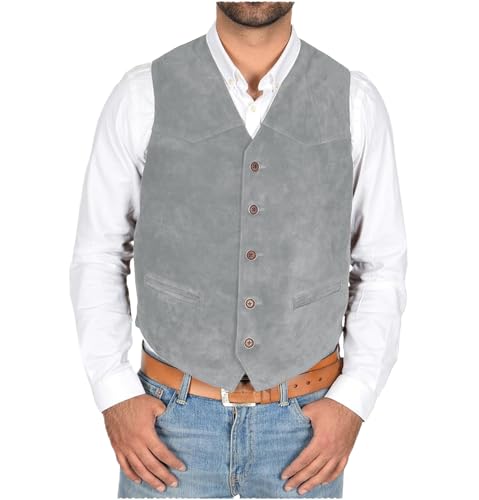 Tiavllya Vintage Herren Wildleder Anzug Weste Single Breasted Slim Fit Casual Cowboy Western Weste XS-3XL（XXL, Silber） von Tiavllya