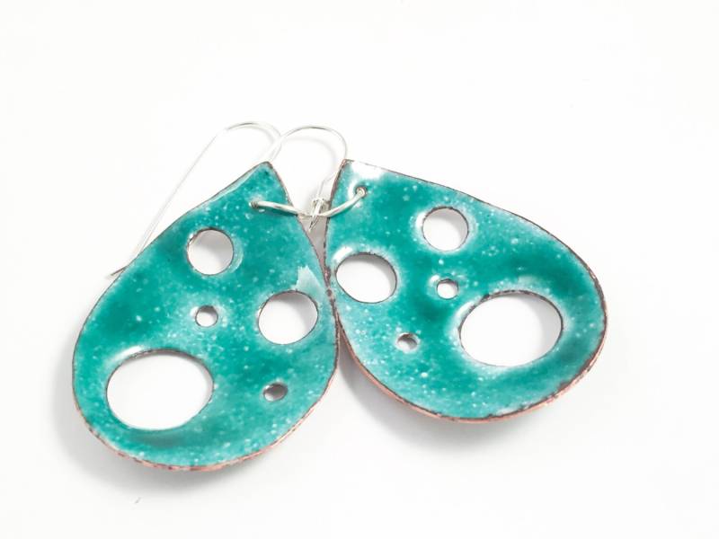 Blaugrün Grün Emaillierte Kupfer Ohrringe, Abstrakte Kunst-Teardrop Emaille Artisan Handgefertigte Langen Boho-Original Schmuck von TiazasTreasures