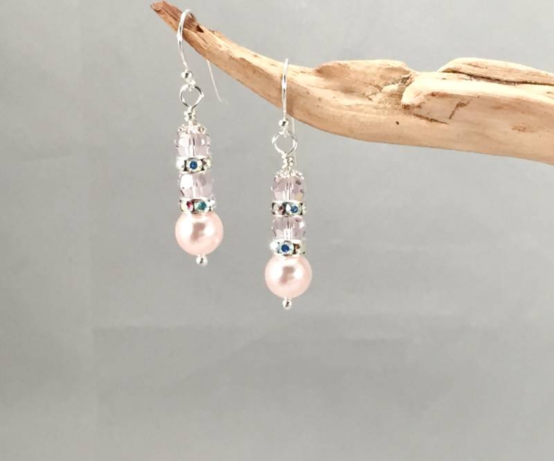 Rosa Pastell Perlenohrringe, Kristall Und Perlen Schmuck, Braut Ohrringe, Brautjungfer Geschenk, Elegante Sterling Silber Hochzeitsschmuck von TiazasTreasures