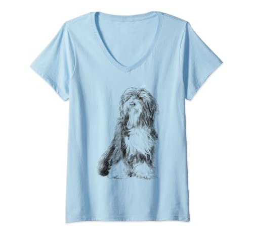 Damen Sitzender Hund Tibet Terrier T-Shirt mit V-Ausschnitt von Tibet Terrier Geschenke