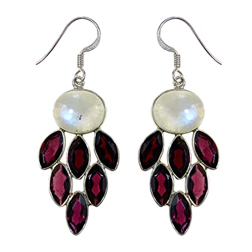925 Sterling Silber Mondstein und Granat Edelstein Tropfen Ohrringe Mode Designer Handgefertigter Schmuck für Damen 5 x 2 cm von Tibetan Silver