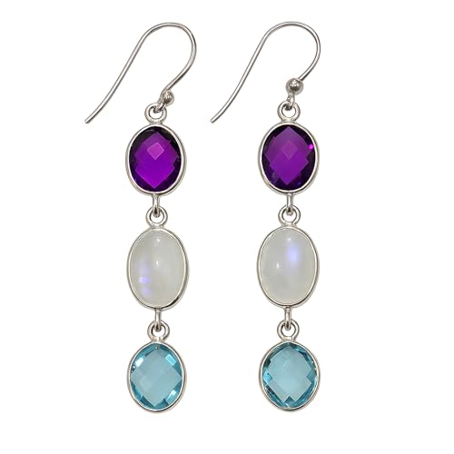 925 Sterling Silber Tropfen Baumeln Ohrring für Damen Lila Amethyst Mondstein und Blautopas Edelstein Handgefertigter Modern Designer Ohrring Geschenk Party Mode Schmuck von Tibetan Silver