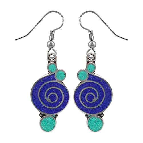 Handgefertigter komprimierter blauer Lapislazuli & Korallen-Edelstein-Inlay-Tropfen-Ohrring für Damen Jugendliche 925 versilberter ethnischer Zigeuner-Boho-Mode Party-Ohrring-Schmuck Handgefertigter komprimierter blauer Lapislazuli & Korallen-Edelstein-Inlay-Tropfen-Ohrring für Damen Jugendliche 925 versilberter ethnischer Zigeuner-Boho-Mode Party-Ohrring-Schmuck von Tibetan Silver