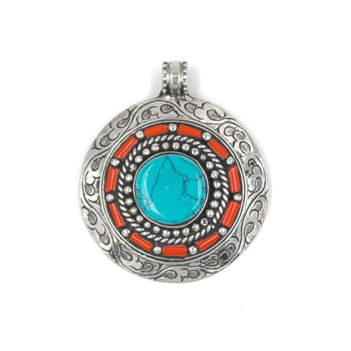Handgemachte Boho-Halskette für Damen – Ethnischer Tibetischer Rundanhänger mit Türkis und Koralle – Spirituelles Amulett – Symbolischer Schmuck von Tibetan Silver
