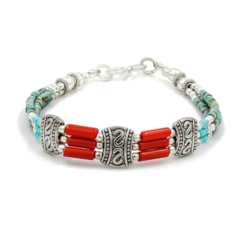 Modisches Handgefertigtes Boho-Ethno-Armband Aus Koralle und Komprimiertem Türkis-Edelstein 925 Versilbertes Tibetisches Armband Modisches Handgefertigtes Boho-Ethno-Armband Aus Koralle und Komprimiertem Türkis-Edelstein 925 Versilbertes Tibetisches Armband von Tibetan Silver