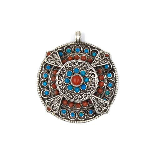 Handgefertigte Mandala-Amulettbox für Damen – 925er Sterlingsilber mit Koralle und Türkis – Spirituelle Gebetskette – Ethnischer Boho-Schmuck von Tibetan Silver