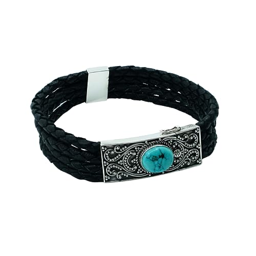 Tibetan Silver Türkis Edelstein Handgefertigtes Armbänder 925 Sterlingsilber Für Damen Herren, Handgeknüpfter Filigraner Lederstrang Designer Modeschmuck Von Handwerkern 7,5"-8" von Tibetan Silver