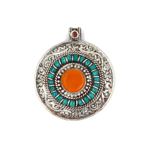Tibetischer Anhänger für Damen – Runder Boho-Schmuck mit Bernstein und Türkis – Handgefertigtes Ethno-Amulett – Spirituelles Geschenk von Tibetan Silver