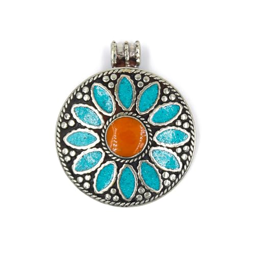Tibetischer Blumen-Anhänger für Damen – Handgefertigter Boho-Ethno-Schmuck mit Bernstein und Türkis – Spirituelles Amulett – Geschenkidee von Tibetan Silver