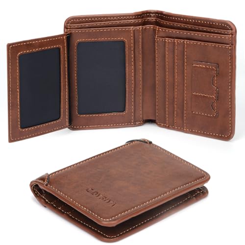 Portemonnaie Herren Klein, Slim Wallet Mit 9 Kartenfächer und 2 Transparente Fächer für Fotos oder Führerscheine, Münzfach Querformat (Kaffeebraun) von Tibimon