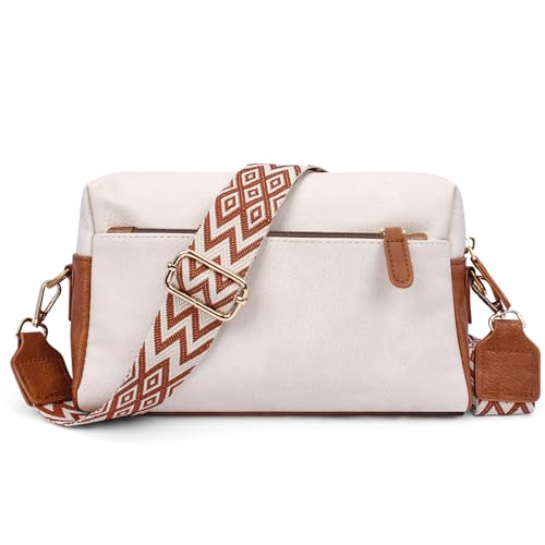 Tibimon Crossbody Bag Damen Breiter Gurt, Leder Moderne Taschen mit Breitem Schultergurt handtasche damen Kleine Umhängetasche mit Reißverschluss und Abnehmbar Schultergurt (Weiß) von Tibimon
