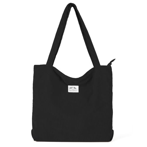 Tibroni Cord Tote Bag Tasche Damen Aesthetic, Cord Tasche mit Reißverschluss, Retro Handtasche Umhängetasche Damen Schultertasche Einkaufstasche für Shopper School Einkaufen Schwarz von Tibroni