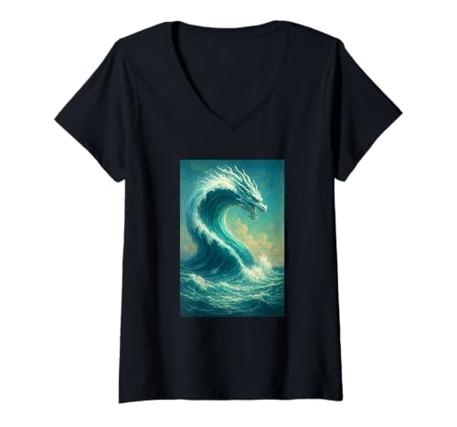 Damen Dynamisches Fantasy-Kunstwerk mit Ozean-Drachen-Wappen T-Shirt mit V-Ausschnitt Damen Dynamisches Fantasy-Kunstwerk mit Ozean-Drachen-Wappen T-Shirt mit V-Ausschnitt von TideBeast