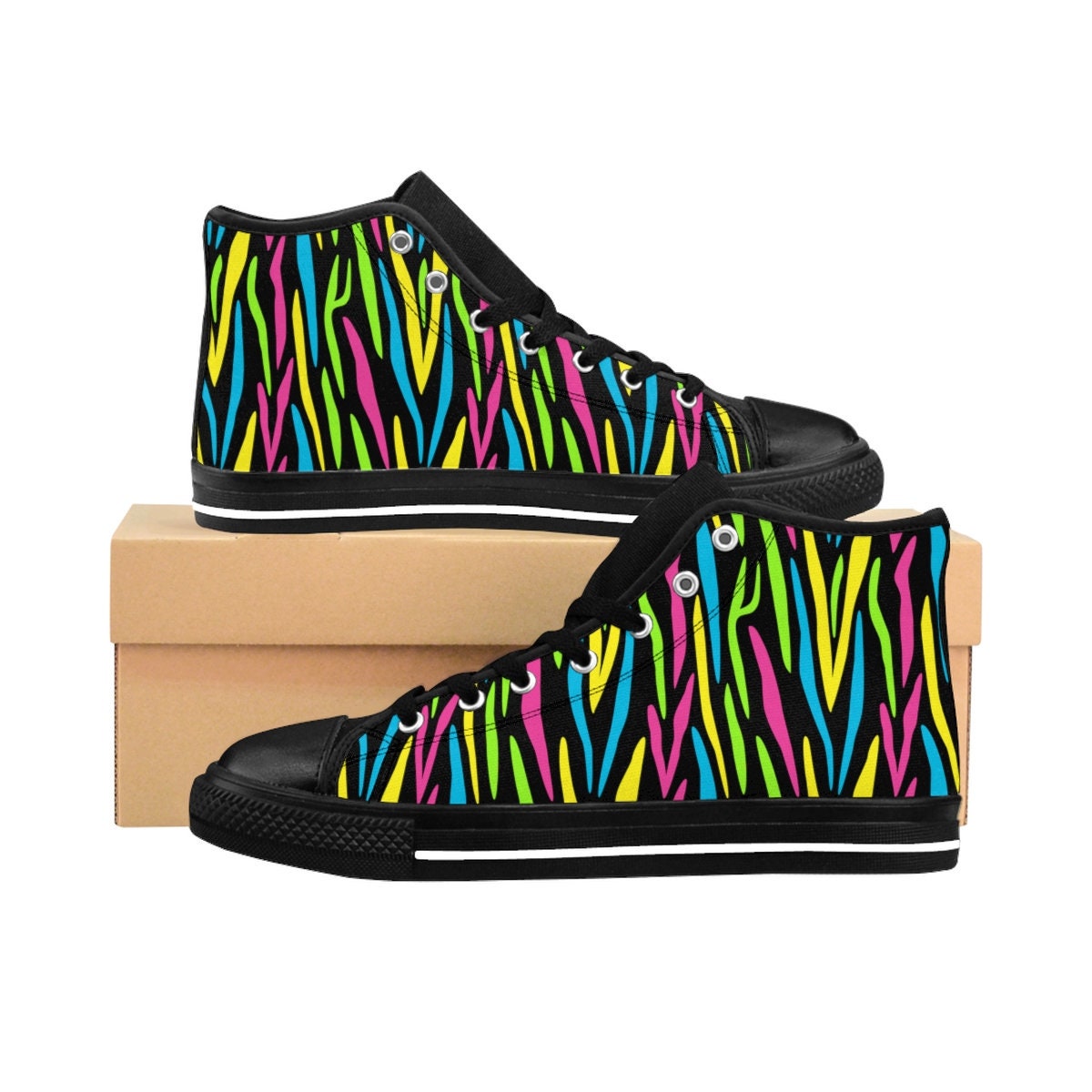 Damen High-Top Sneakers - Schwarz Neon Tier Druck Ich Liebe Die 80Er Jahre | Achtziger Themen Party Outfit Idee von TideFamMerch