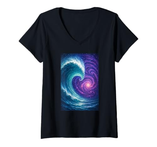 Damen Kosmische Ozeanwelle trifft auf Spiralgalaxie — Surreales Weltraumkunstwerk T-Shirt mit V-Ausschnitt von TideNebula
