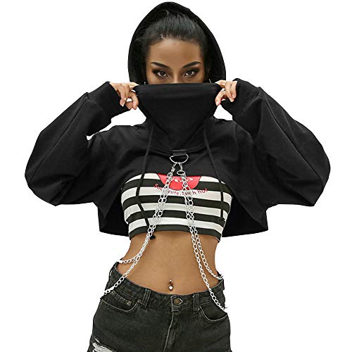 Damen Mädchen Kapuzenpullover Crop Tops Langarm Kapuzen-Sweatshirt Cropped Sweat Tops Pullover mit Kette Gr. 36, Schwarz von Tidec