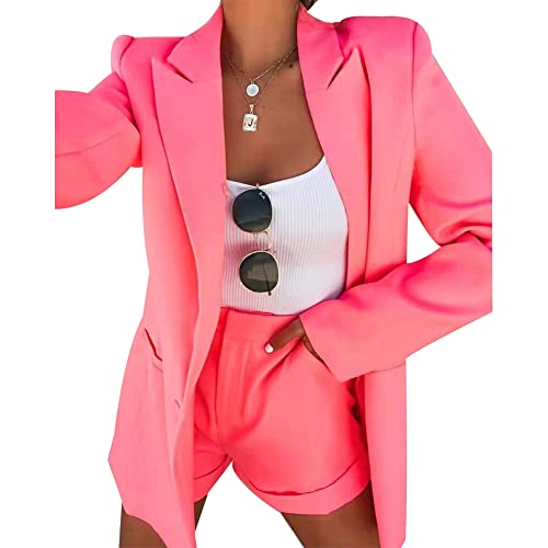 Damen 2-teiliges Blazer-Set mit langen Ärmeln, offener Vorderseite, Blazer und Shorts, Anzug, Jacke, Hosenanzug, rose, 40-42 von Tidecc