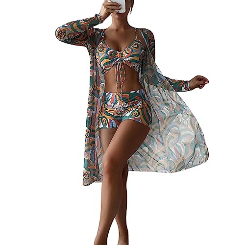 Damen Bikini Set Push Up Hohe Taille 3-teiliges Bikini Set Cover Up Badeanzüge Badeanzug, dunkelgrün, 34-36 von Tidecc