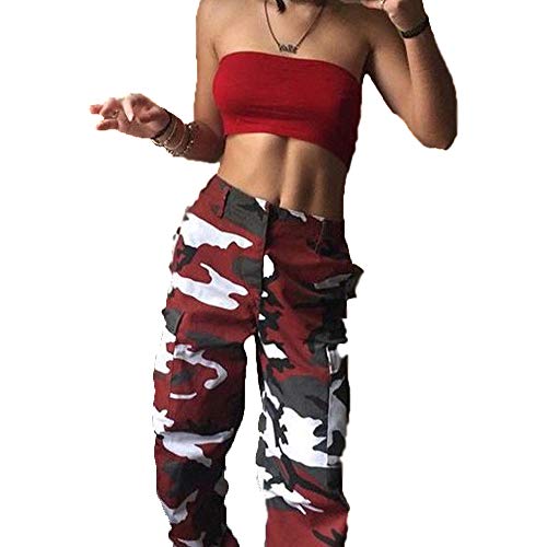 Damen Camo Cargo Pants Sport Yoga Jogging Sweatpants Camouflage Cargo Workout Jogger Hose Capri Streetwear Gr. 38-40, rot von Tidecc