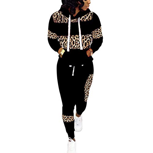 Damen Camouflage-Anzug-Set Damen Langarm Kapuze Kordelzug Taille Zweiteilige Outfits Workout Jogging Anzug Sport Wear Gr. 34-36, leopard von Tidecc