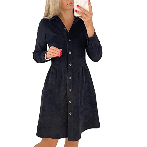 Damen Cordkleid mit Knopfleiste Langarm V-Ausschnitt Einreihig Midikleid Swing Cocktailkleider, Schwarz , 36/38 DE von Tidecc
