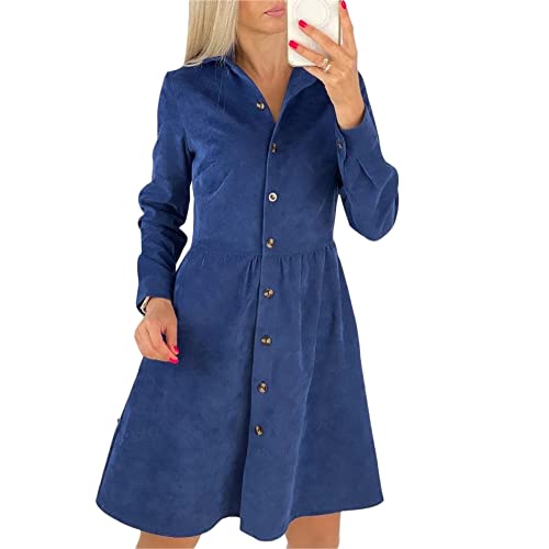 Damen Cordkleid mit Knopfleiste Langarm V-Ausschnitt Einreihig Midikleid Swing Cocktailkleider, blau, 36 von Tidecc