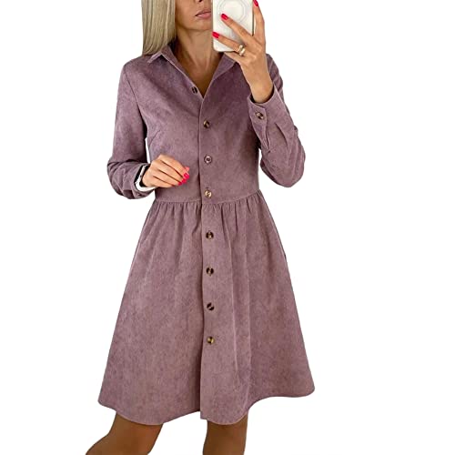 Damen Cordkleid mit Knopfleiste Langarm V-Ausschnitt Einreihig Midikleid Swing Cocktailkleider, violett, 36 von Tidecc