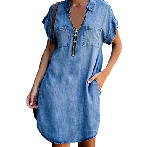 Damen-Denim-Hemdkleid, kurzärmelig, Jeanskleid, Reißverschluss, Tunika, Top, Denim, Midi-Kleid, blau, 38-40 von Tidecc