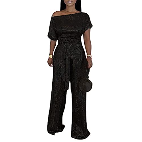 Damen Jumpsuit mit weitem Bein, kurze Ärmel, Glitzer-Pailletten, Overall, schulterfrei, weites Bein, Overall, Spielanzug, Schwarz , 36-38 von Tidecc