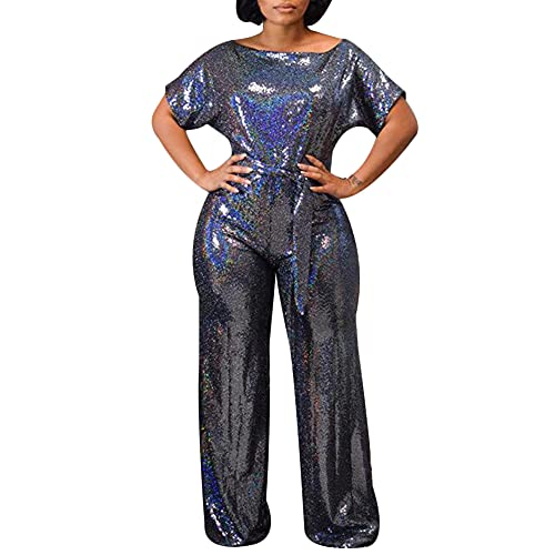 Damen Jumpsuit mit weitem Bein, kurze Ärmel, Glitzer-Pailletten, Overall, schulterfrei, weites Bein, Overall, Spielanzug, blau, 36-38 von Tidecc