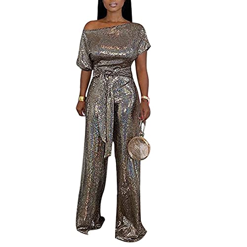 Damen Jumpsuit mit weitem Bein, kurze Ärmel, Glitzer-Pailletten, Overall, schulterfrei, weites Bein, Overall, Spielanzug, gold, 32-34 von Tidecc