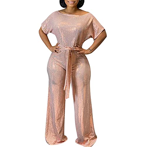 Damen Jumpsuit mit weitem Bein, kurze Ärmel, Glitzer-Pailletten, Overall, schulterfrei, weites Bein, Overall, Spielanzug, rose, 46-48 von Tidecc