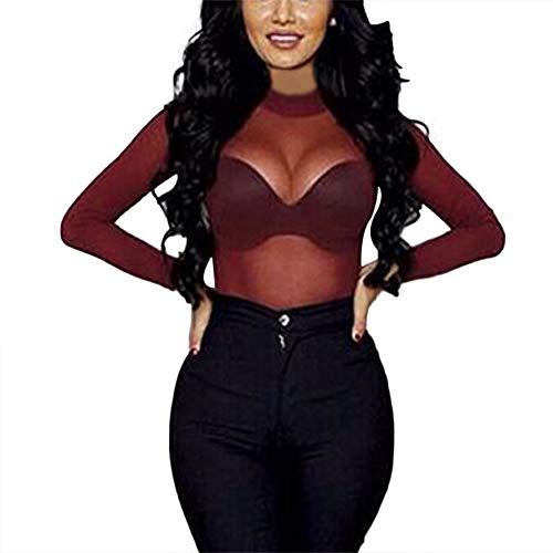 Damen Mesh Tops Langarm Durchsichtig Mesh Stehkragen Durchsichtig Blusen T-Shirt Tops, rot, 32-34 von Tidecc