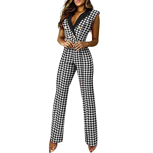 Damen Overall mit weitem Bein, ärmellos, V-Ausschnitt, zweireihig, Jumpsuits mit weitem Bein, Hose, Strampler, Overalls, schwarz/weiß, 38-40 von Tidecc