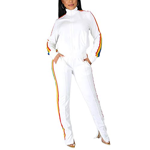 Damen Reißverschluss Trainingsanzug Set Langarm Regenbogen Streifen Jacke und Hose 2-teiliges Outfit Set Jogginganzug Sportbekleidung Gr. 40, weiß von Tidecc