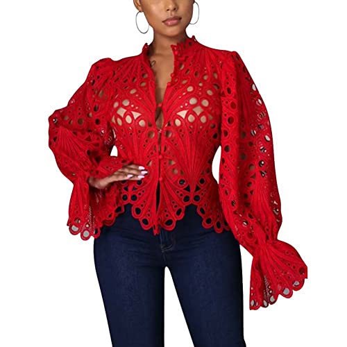 Damen Spitze V Ausschnitt Tops T Shirt Langarm Hollow Out Mesh Spitze Shirt Durchsichtig Top Bluse T Shirts Tops, rot, 40-42 von Tidecc