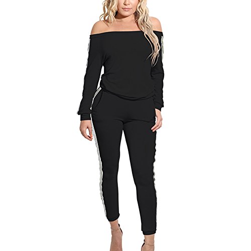 Damen-Trainingsanzug, schulterfrei, mit Bardot-Oberteil und Hose, für Sport, Fitnessstudio, Jogging, Loungewear Gr. 40, Schwarz von Tidecc