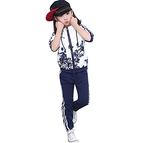 Kinder Mädchen Jungen Trainingsanzug Blumendruck Reißverschluss Kapuzenjacke Top + Jogger Hose Kleidung Set Outfits Sportanzug Gr. Etikett 130 (6-7 Jahre), blau von Tidecc