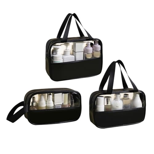 Make-up-Tasche, transparent, mattiert, 3 Stück, Kulturbeutel, tragbare Kosmetiktasche, Reise-Organizer, durchscheinende Geldbörse für Damen und Mädchen, Schwarz von Tidecc