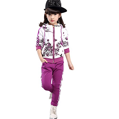 Kinder Mädchen Jungen Trainingsanzug Blumendruck Reißverschluss Kapuzenjacke Top + Jogger Hose Kleidung Set Outfits Sportanzug Gr. Etikett 130 (6-7 Jahre), violett von Tidecc