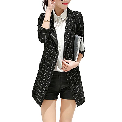 Tidecc Blazer für Damen, lang, schmal mit einem Knopf, Karomuster, Freizeit, Arbeit, Büro Gr. (32/34 DE) Etikett Medium, Schwarz von Tidecc