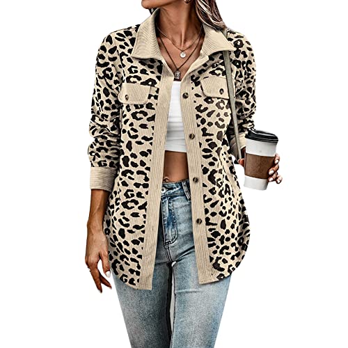 Tidecc Damen Button-Down-Shirts Langarm Oversized Leopard Print Cord Shirts Jacken Mäntel, beige, 40-42 von Tidecc