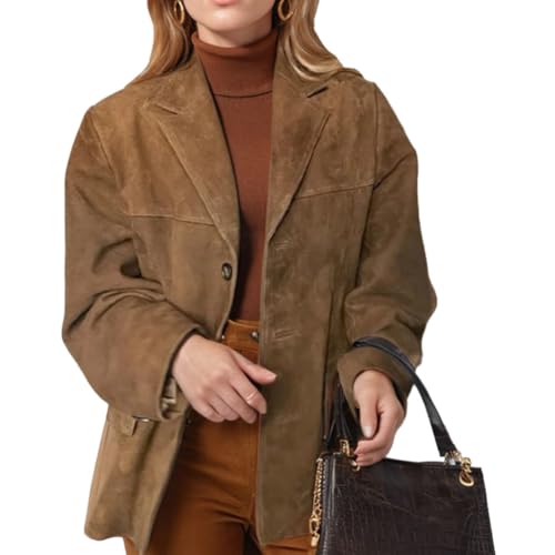 Tidecc Damen Faux Suede Blazer Jacke Gekerbtes Revers Kunstleder Anzugjacke Braun Wildleder Blazer Jacke Mantel, coffee, 36-38 von Tidecc