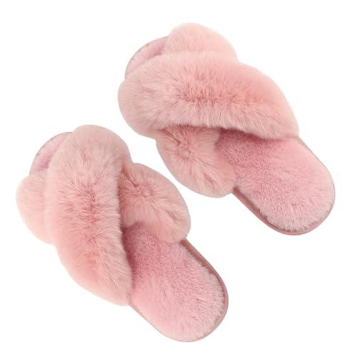 Tidecc Damen Fuzzy Slippers House Slippers Cross Band Slippers Indoor Outdoor Soft Open Toe Slippers, rose, 37.5/38.5 EU von Tidecc
