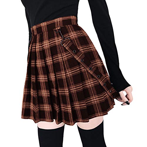 Tidecc Damen Gothic Plissee Minirock Plaid Strapsriemen A-Linie Hohe Taille Plissee Kurz Mini Schwarz Rock Kleid Gr. 38, coffee von Tidecc