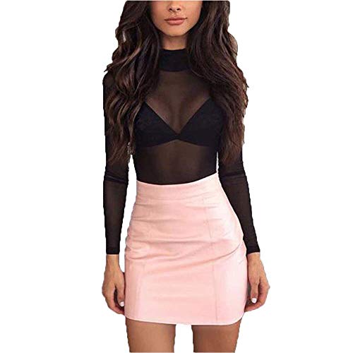 Frauen Mesh Tops Langarm Durchsichtig Transparent Mesh Stand Neck Sheer Blusen T-Shirt Tops, schwarz, 34-36 von Tidecc