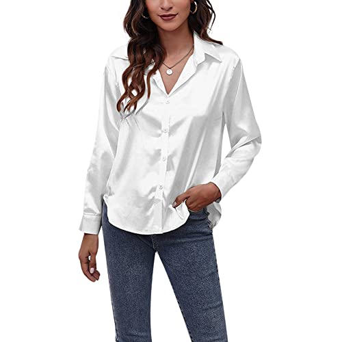 Tidecc Damen Langarm Satin Bluse Top Casual V Ausschnitt Button Down Arbeitsshirt, weiß, 40-42 von Tidecc